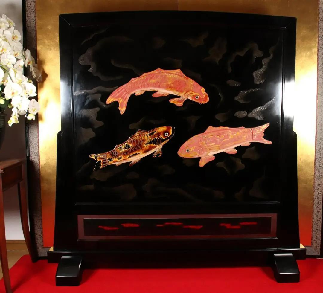 BA01 富山最高峰　蒔絵師　名工 中村尚濤済 作　漆蒔絵　衝立　桜獅子福鈴鯉