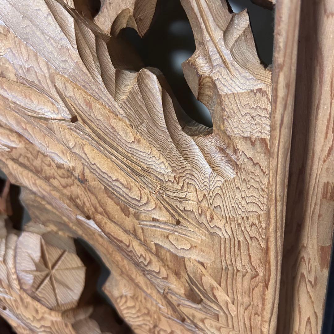 欄間　屋久杉　高級材笹杢　松竹梅　2枚　銘有り　伝統工芸　木彫り　古民家