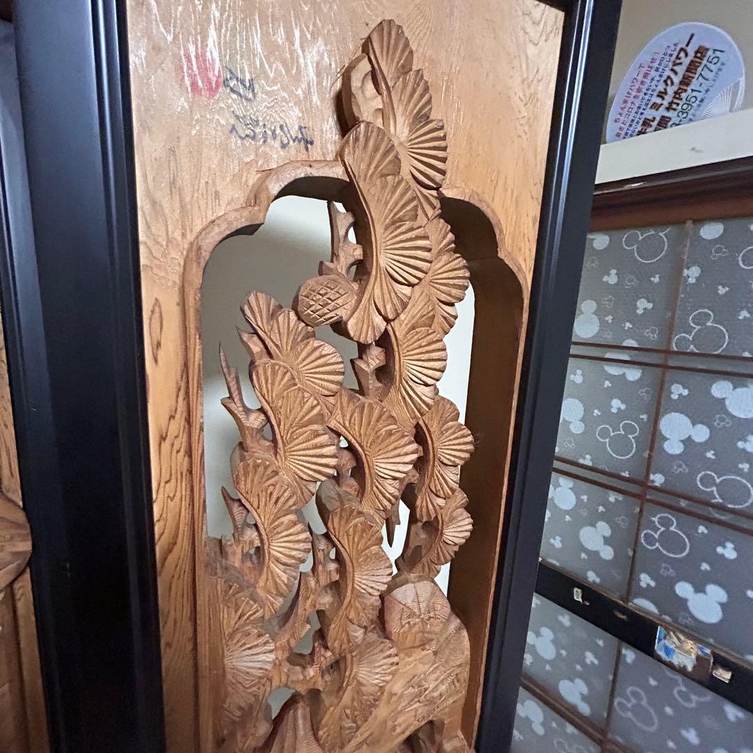 欄間　屋久杉　高級材笹杢　松竹梅　2枚　銘有り　伝統工芸　木彫り　古民家