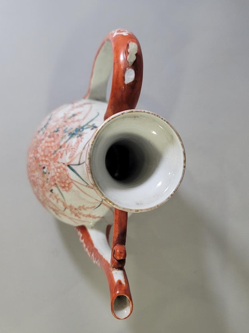 九谷 赤絵 草花紋 細密画 水注 時代物 DT791