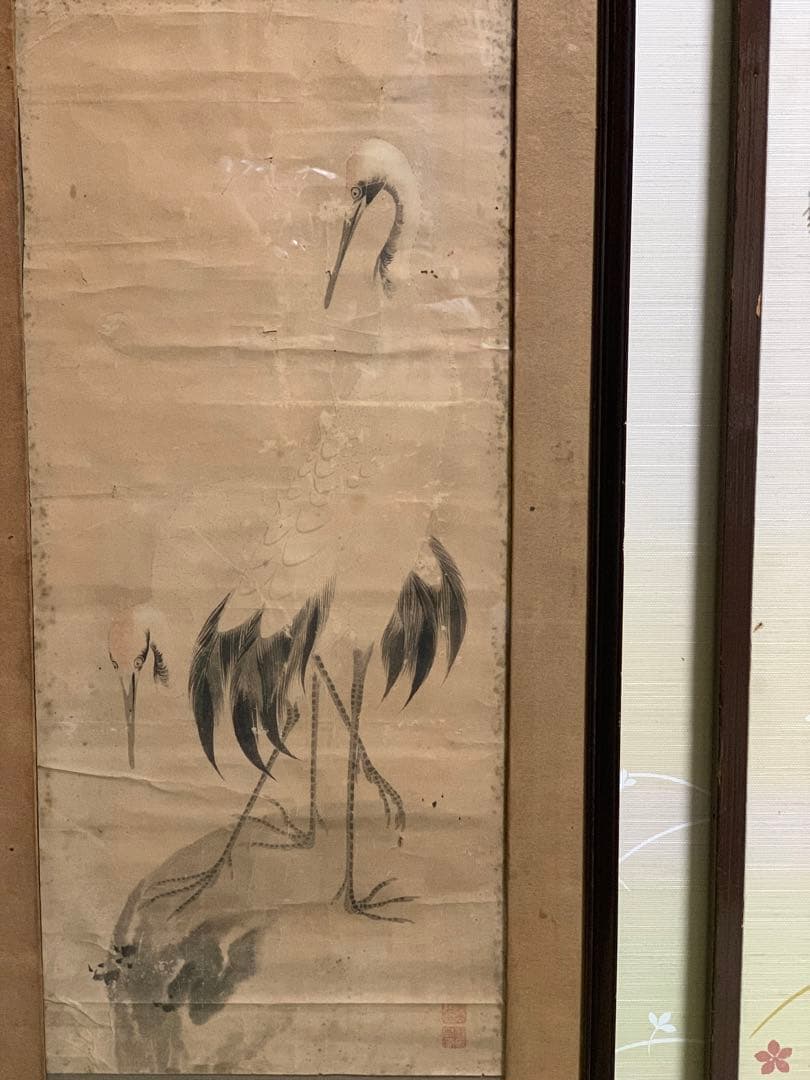 ⑦江戸時代？　雌雄双鶴之図　信香先生筆　古い水墨画　まくり　額入り可能