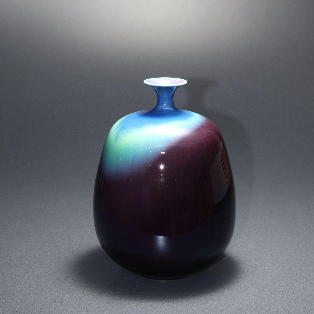 三代徳田八十吉　正彦　碧明釉壺　共箱　九谷　R1634ラ3