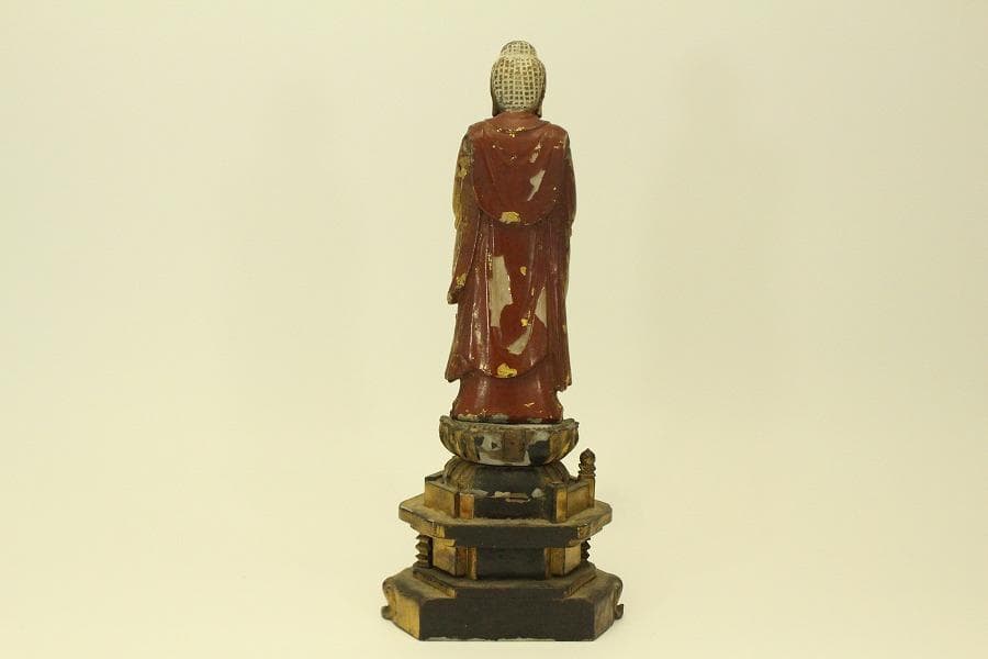 仏教美術 木彫 金彩 阿弥陀如来像 時代物 高35.5cm(A511)