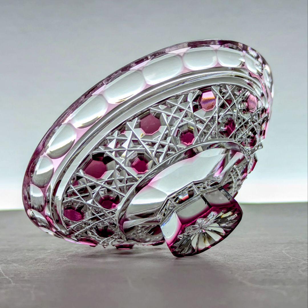 江戸切子　堀口硝子✩秀石　金赤色被せ　八角籠目 蓋物　【 美品 】