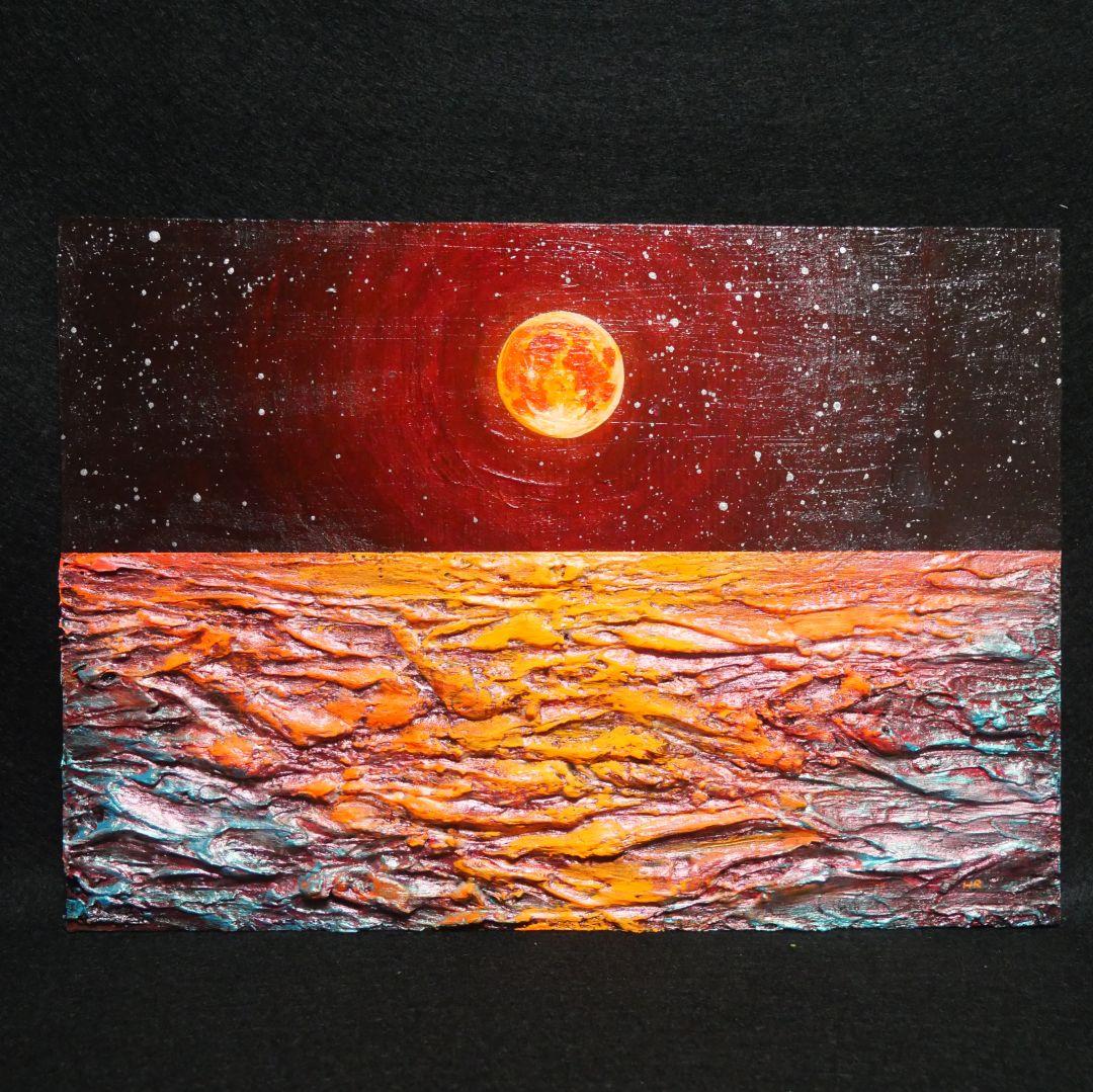 油絵 油彩 油彩画 絵 絵画 【オレンジ色の満月と輝く海】