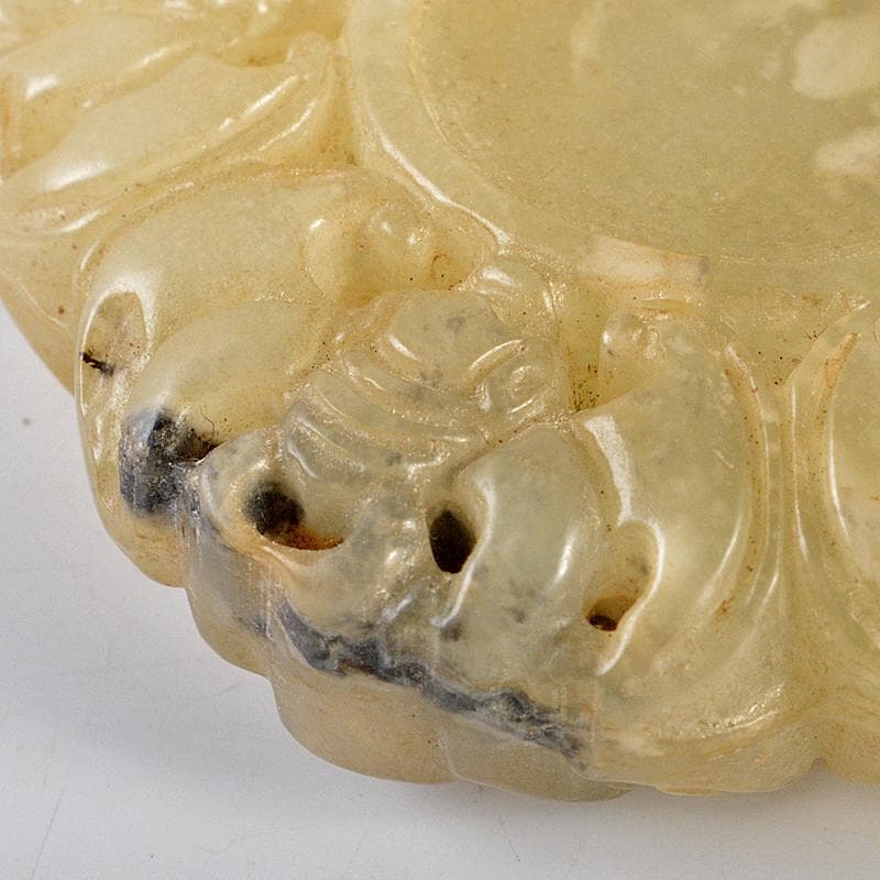 中国　玉石白玉彫刻　蝙蝠刻　玉器　玉壁　玉飾　玉珮　時代箱付　M　R5495