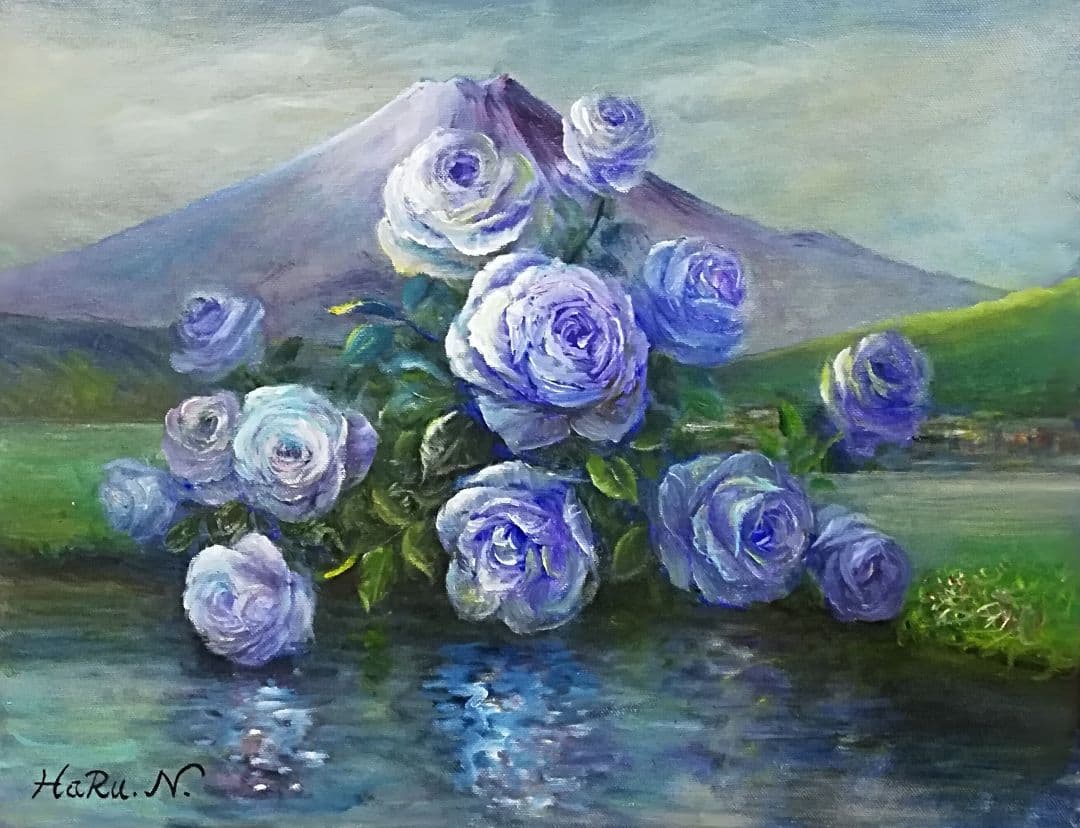 画家 haru 薔薇 と 富士山 真作 原画 一点物 油彩画 F6号 。