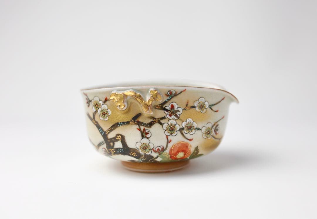 九谷焼　田村金星　細字 煎茶道 和歌 梅椿図 点金 霊芝耳