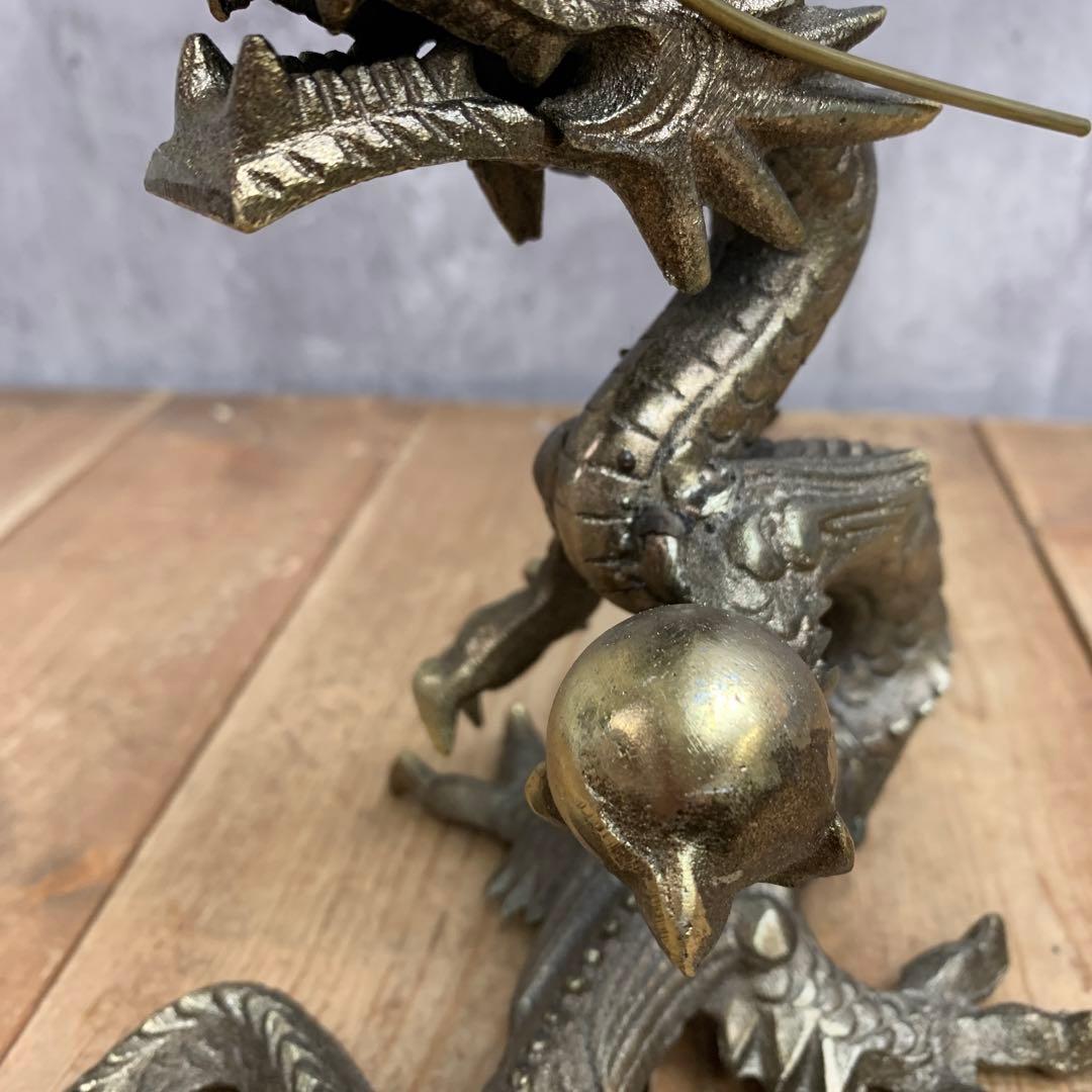 4F 【縁起物】龍 置物 真鍮風 ブロンズ調 ドラゴン 竜 龍神 五本爪 宝玉