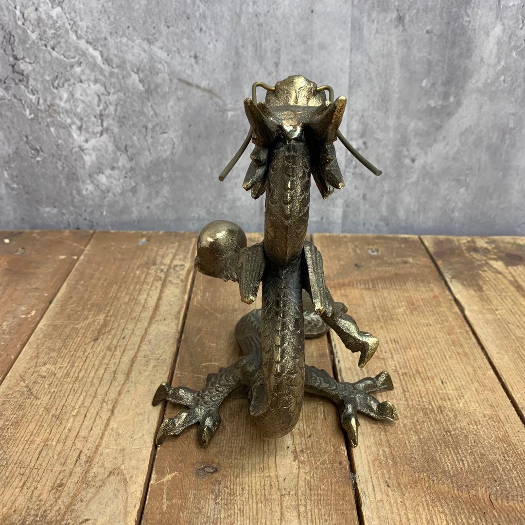 4F 【縁起物】龍 置物 真鍮風 ブロンズ調 ドラゴン 竜 龍神 五本爪 宝玉