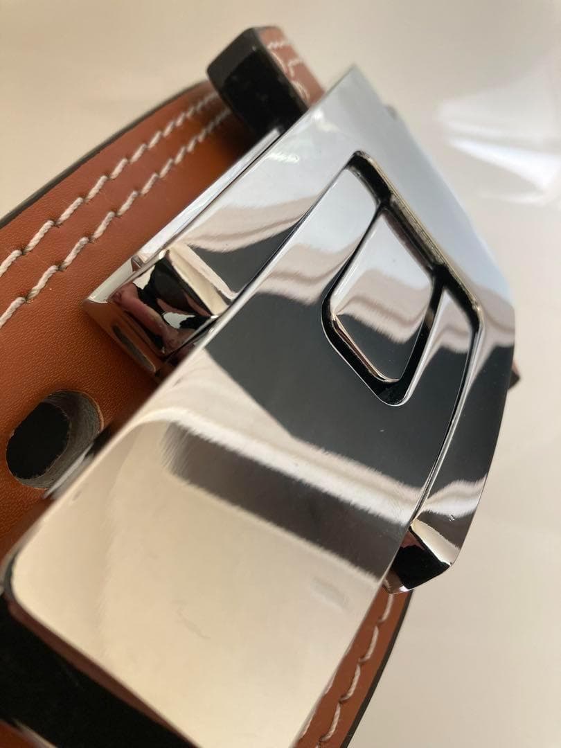 パワーベルト レバーアクション ワンタッチ可変式 M ブラウン×艶シルバー 本革