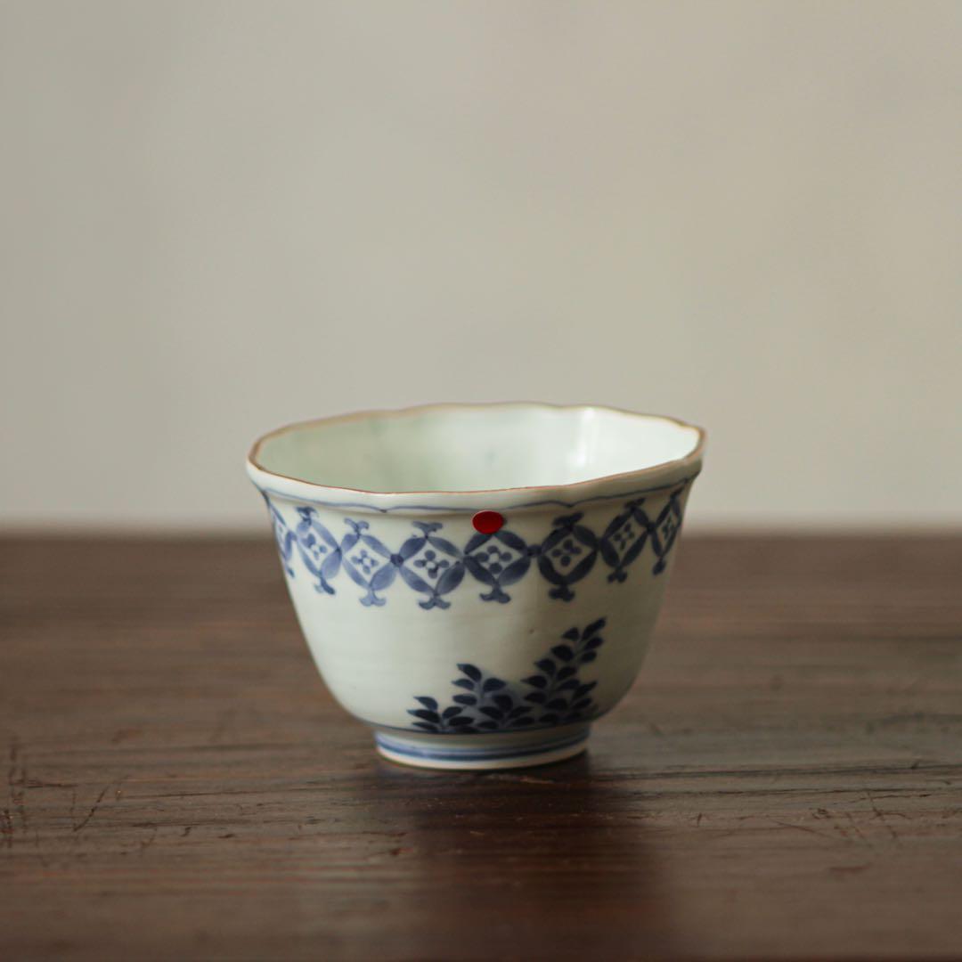 古伊万里　伊万里　江戸　中期　七宝繋ぎ　五葉若葉　向付　猪口　そば猪口　染付