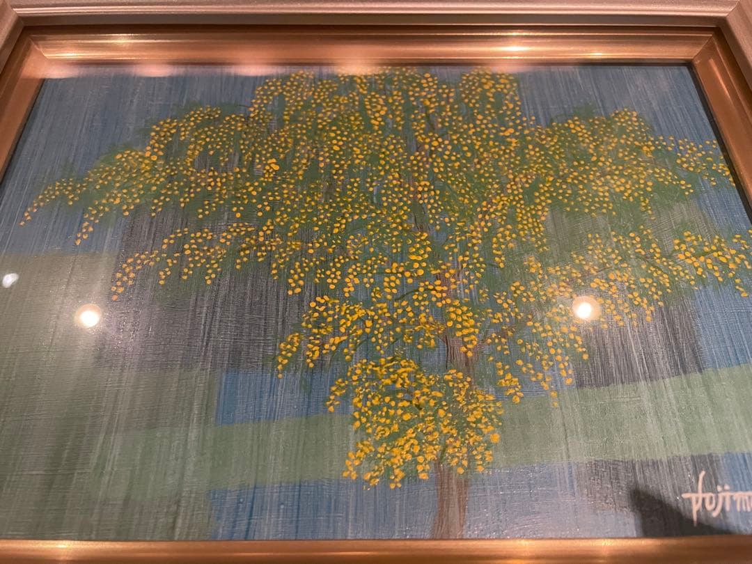 絵画　「春の予感」　藤本俊英　ミモザ　smアクリル画