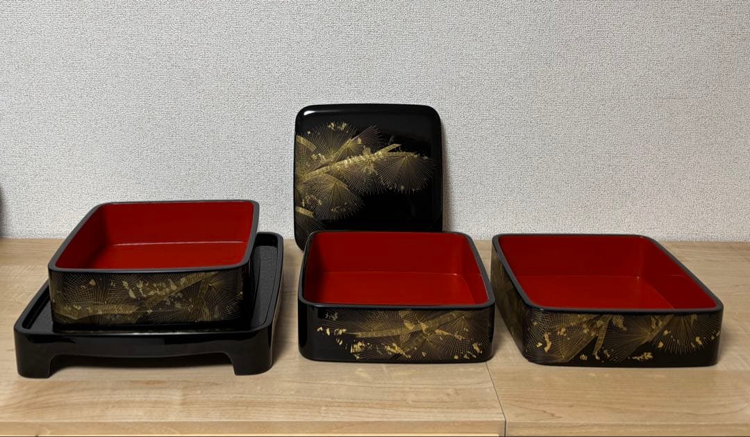 ３段重　輪島塗　沈金　招福枝　中谷耕一