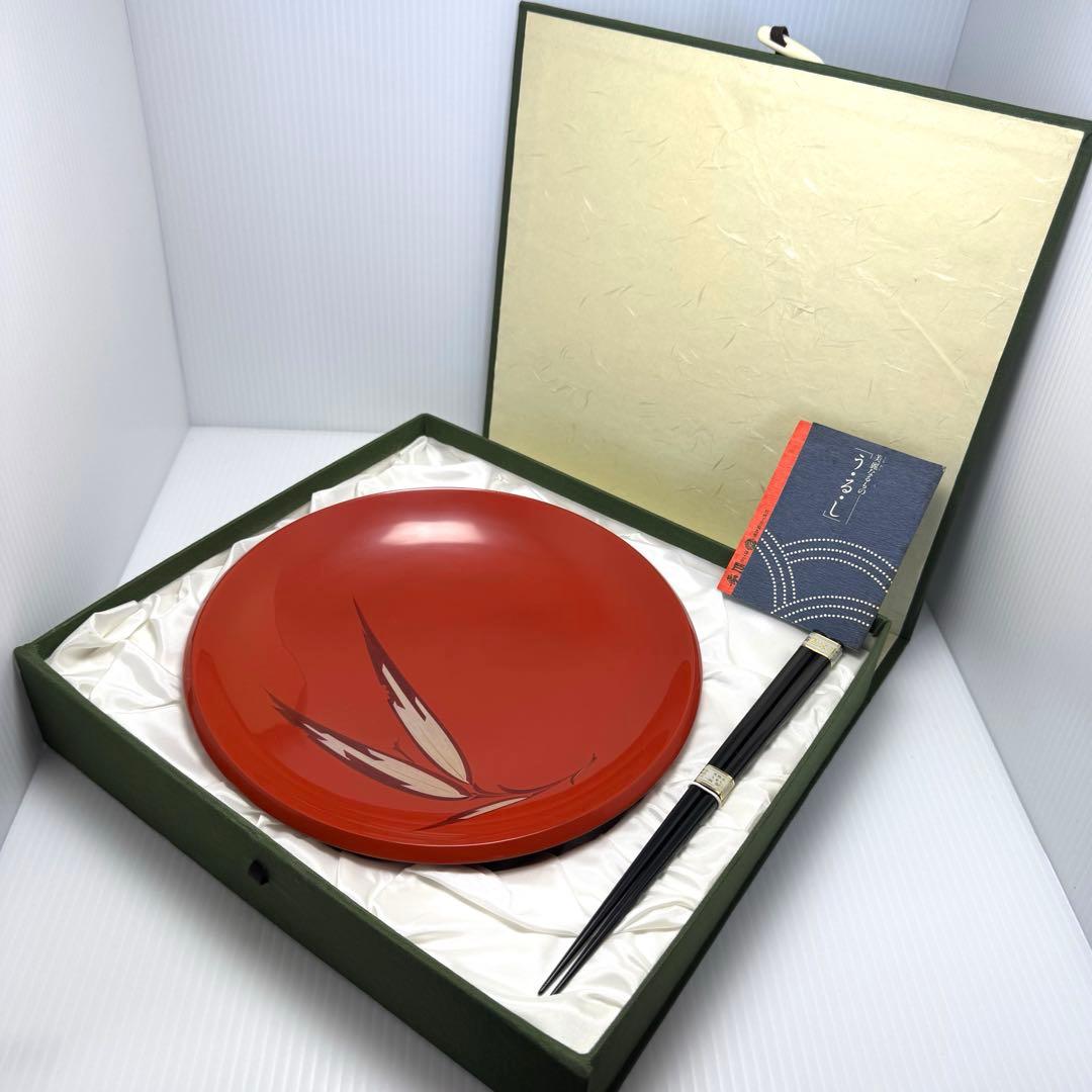未使用 輪島塗 菓子皿 箸 セット 和皿 漆器 喰籠 赤色 葉 共箱 説明書