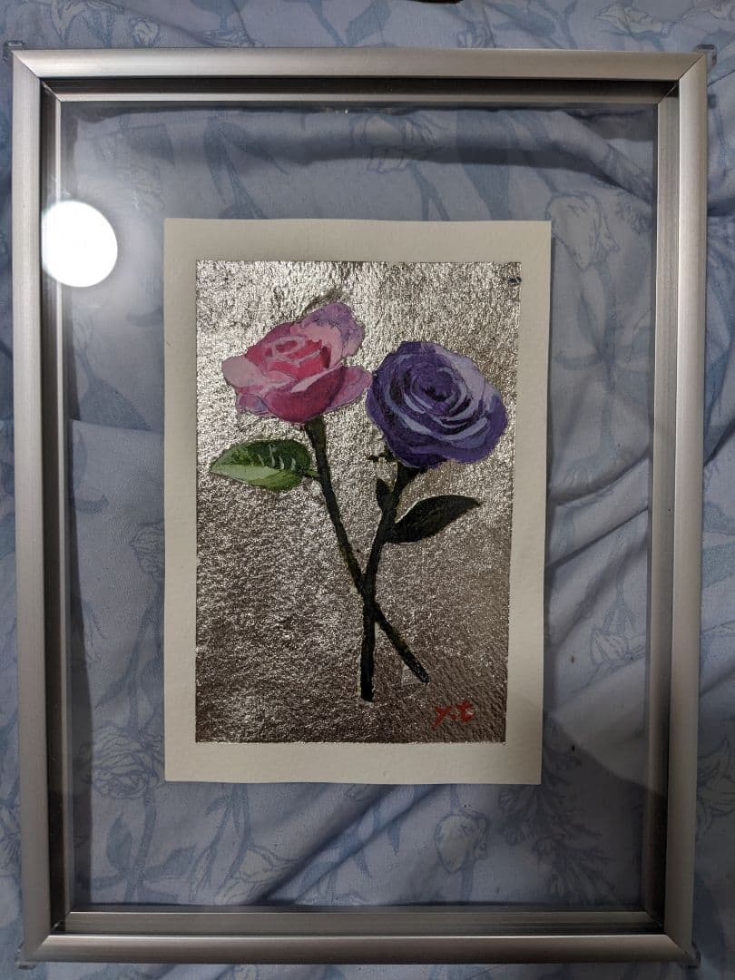 超美品！原画　最高級プラチナ箔を押したピンクと紫の薔薇　箔押し　アクリル画　絵画