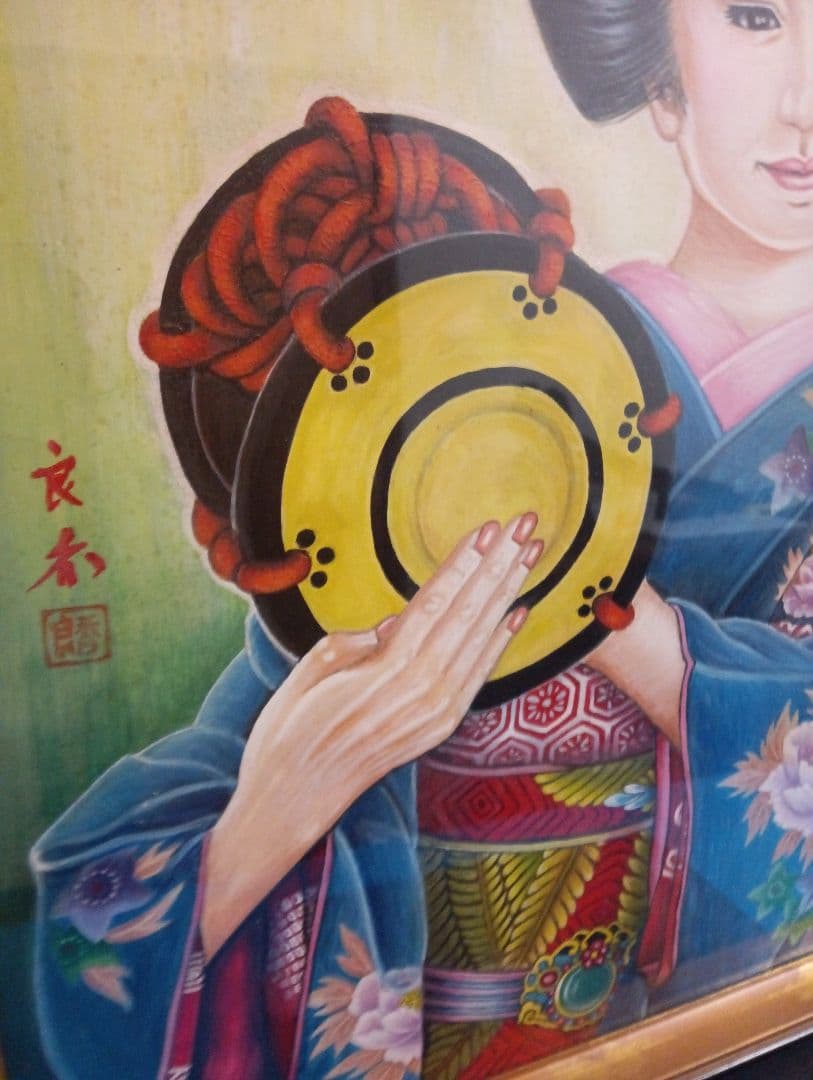 時代着物美人姿水彩画昭和時代頃縦５７Ｘ横幅４２Ｘ厚さ３センチガラス当時物額装品