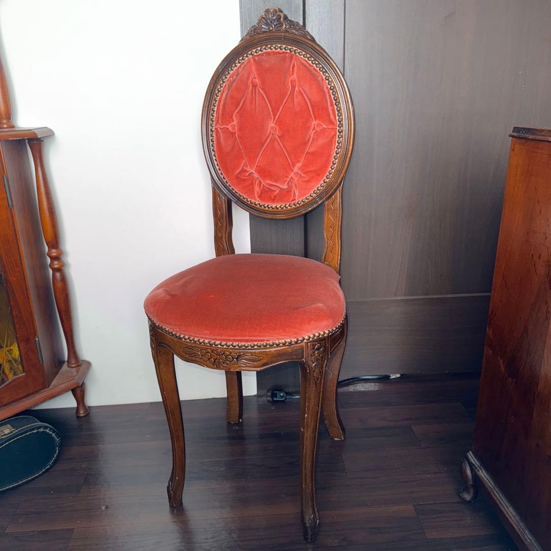アンティークチェア　ベロア　レッド　ピンク　ウッド　ミッドセンチュリー