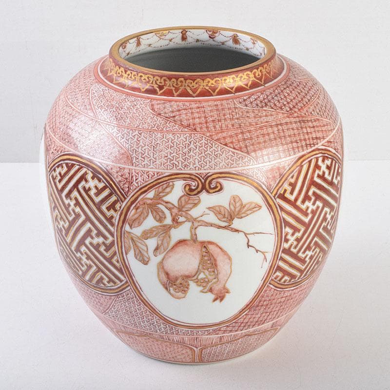 九谷焼　北山堂　赤絵金彩　瑞果文　花瓶　共箱　F　R9158B