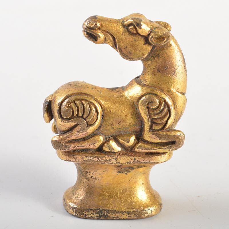 中国　古銅鍍金　馬像　紙鎮　置物　V　R7506