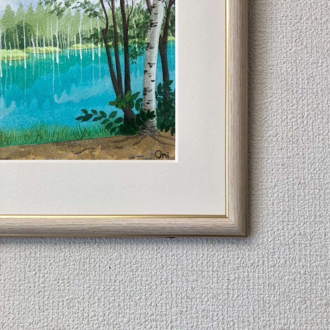 アクリル画　原画　「美瑛・青い池03」額縁付　SMサイズ　風景画