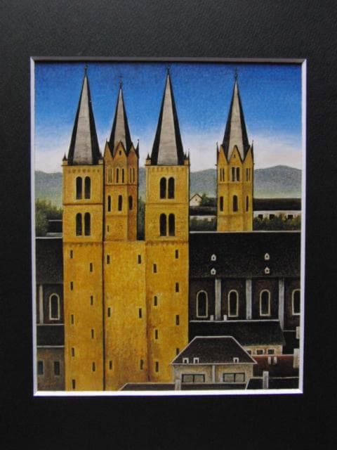 桑島春彦、【塔のある礼拝堂】、希少な画集画、新品高級額・額装付