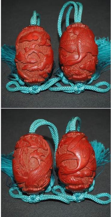 送料無料　江戸～明治 春燕秋雁堆朱風鎮一対 箱付 大珍品