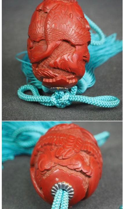 送料無料　江戸～明治 春燕秋雁堆朱風鎮一対 箱付 大珍品