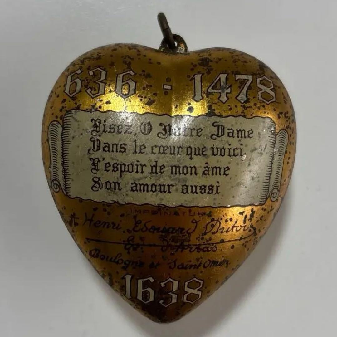 レア　ヴィンテージ　フランス　金のハート　ブリキ缶　ブリキオーナメント　小物入れ