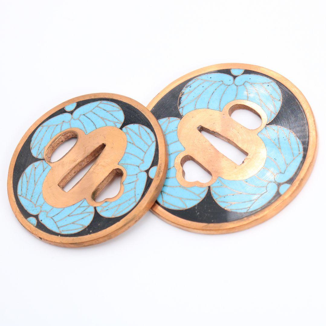 銅製七宝三つ葉葵文鐔 刀装具 一對 桐箱付　V356　1F28