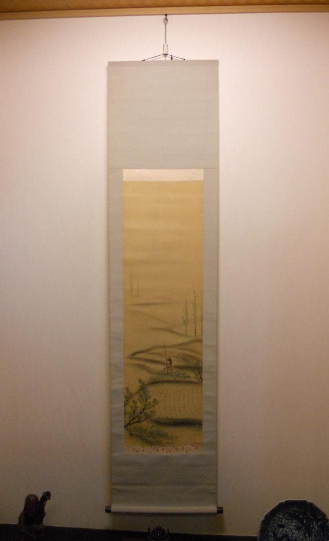 掛け軸 春江 田園風景 絹本 希少 軸装 茶道具 掛軸 美品 です。