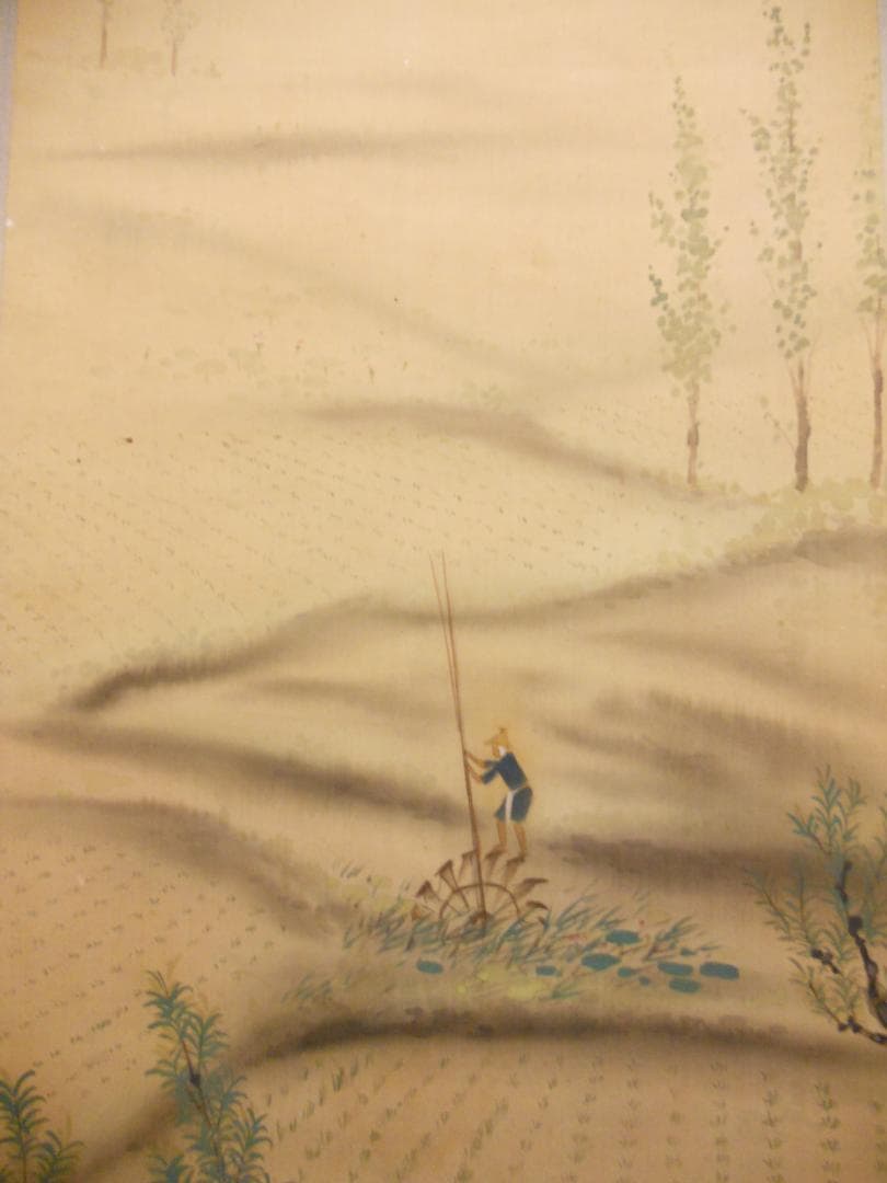 掛け軸 春江 田園風景 絹本 希少 軸装 茶道具 掛軸 美品 です。