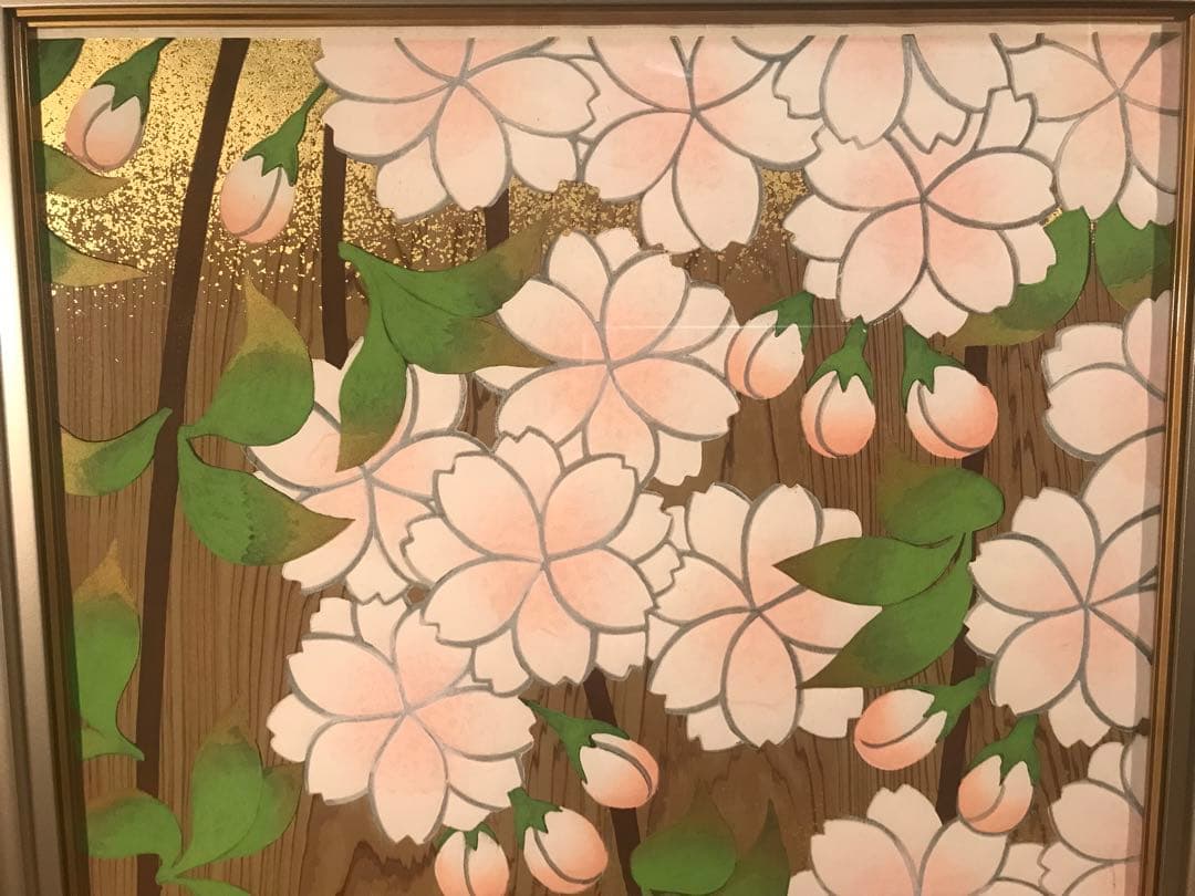 橋本明治　「杉戸絵・桜」　木版画　刷り込みサイン・作品証明シール有り