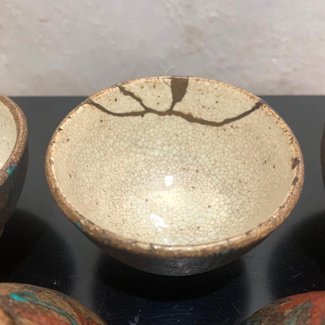 古陶器 煎茶碗5客揃　明治期　民藝　木釘木箱付き