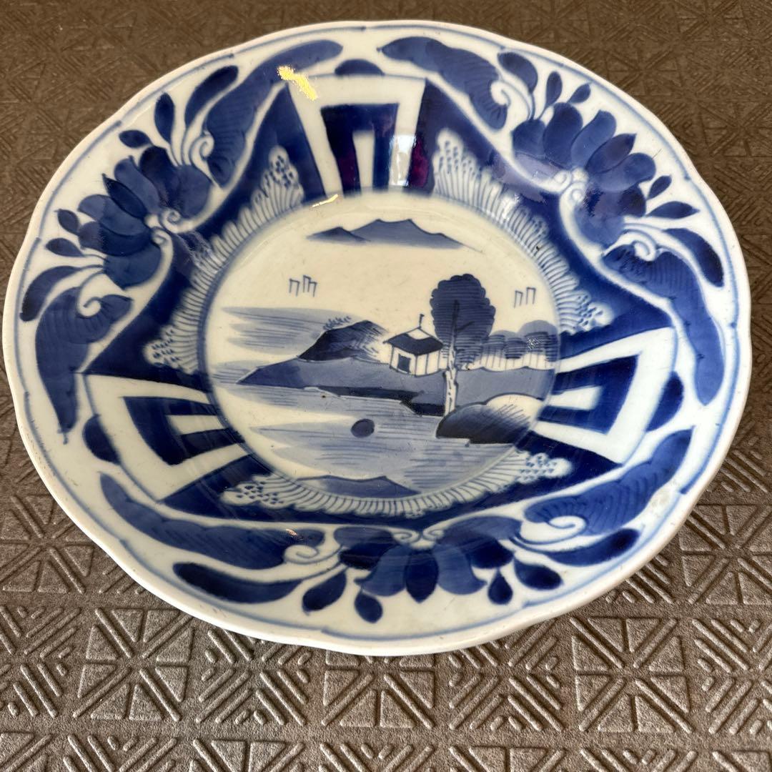 古伊万里、染め付け、三花、楼閣山水、輪花深大皿江戸時代、