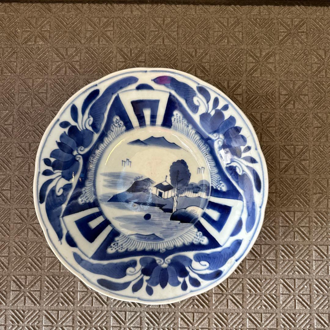 古伊万里、染め付け、三花、楼閣山水、輪花深大皿江戸時代、
