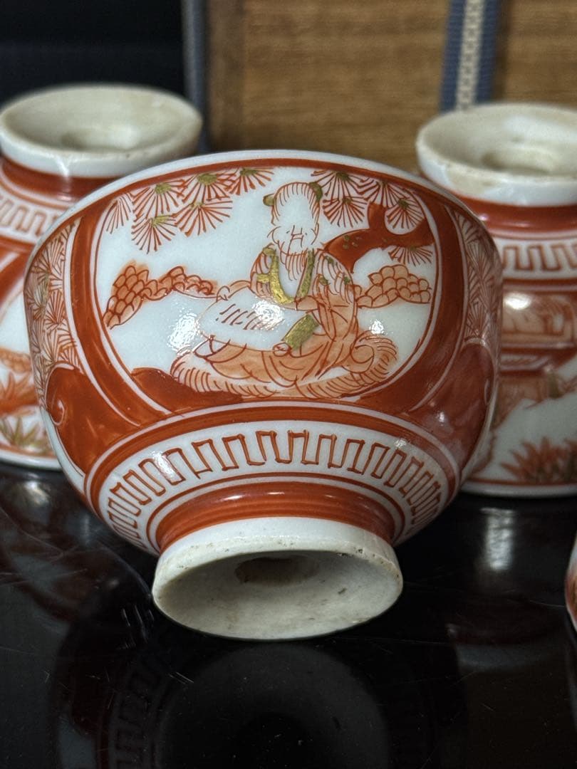 江戸期 湖東焼 赤絵金蘭手 窓絵人物図 煎茶碗 5客茶道具 井伊家 彦根藩