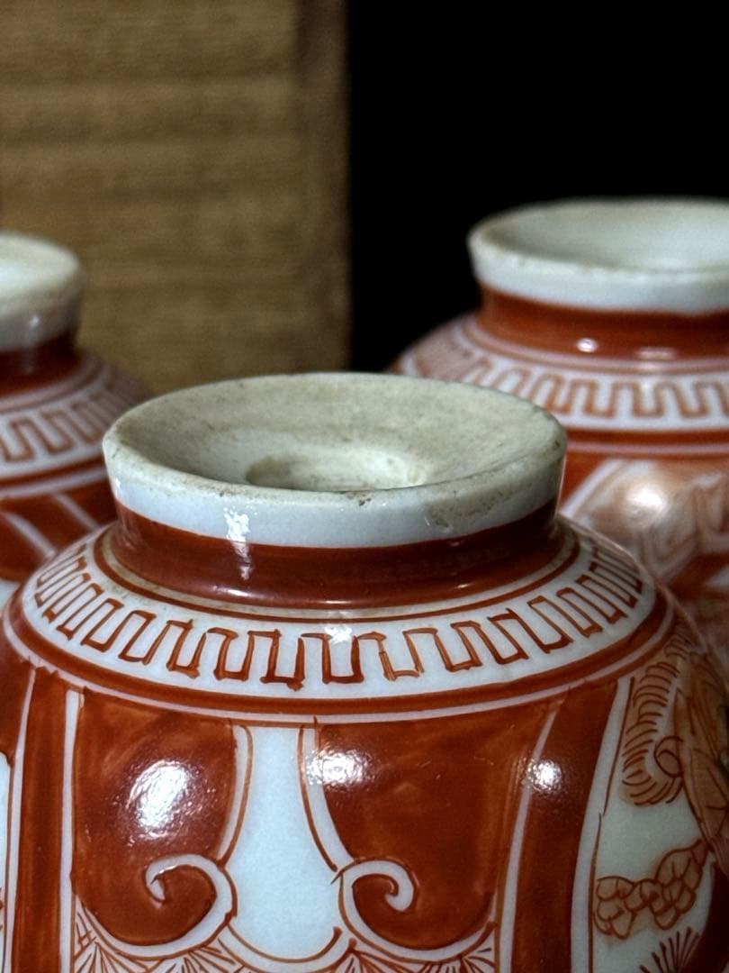 江戸期 湖東焼 赤絵金蘭手 窓絵人物図 煎茶碗 5客茶道具 井伊家 彦根藩