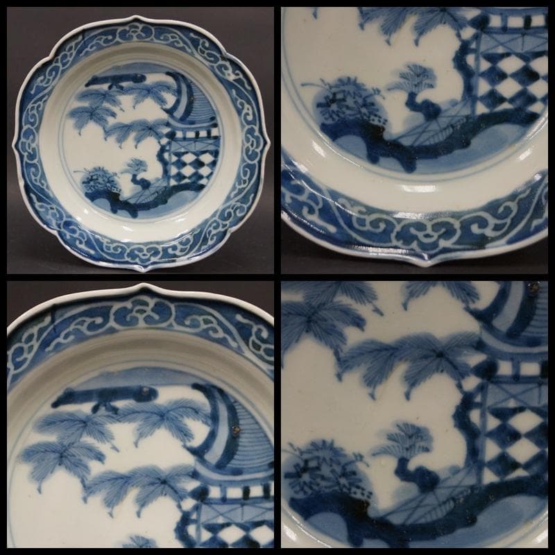 伊万里焼 成化年製 等 輪花形 染付皿 色絵丸皿 小皿 飾皿 二点セット