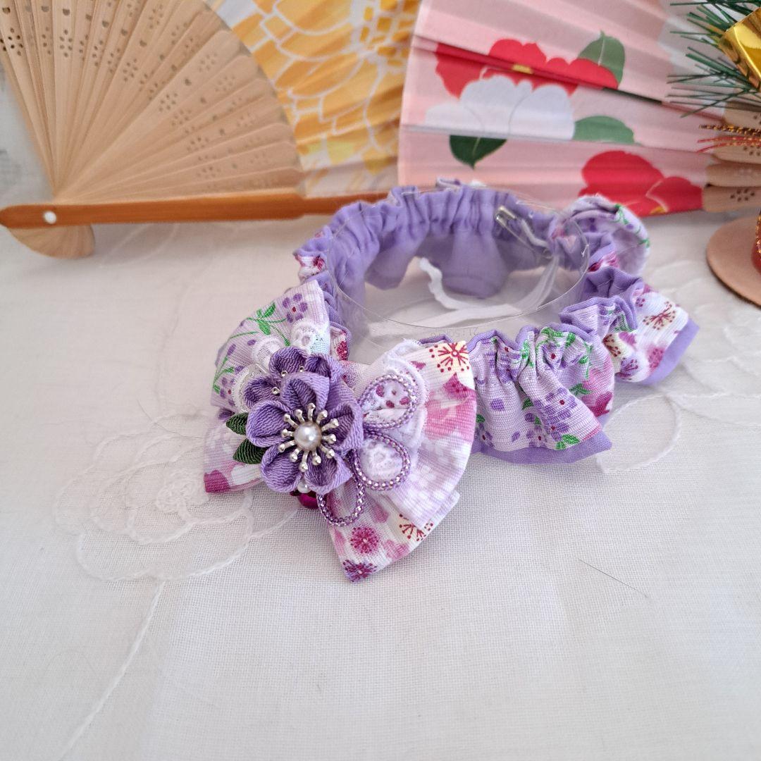 短毛シュシュ、和風妻み細工(藤色)わんちゃん猫ちゃん用