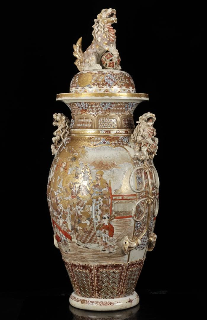 【極上薩摩焼】特大金襴手色絵 獅子　香炉 飾壺 陶器　骨董 古美術　アート　花瓶