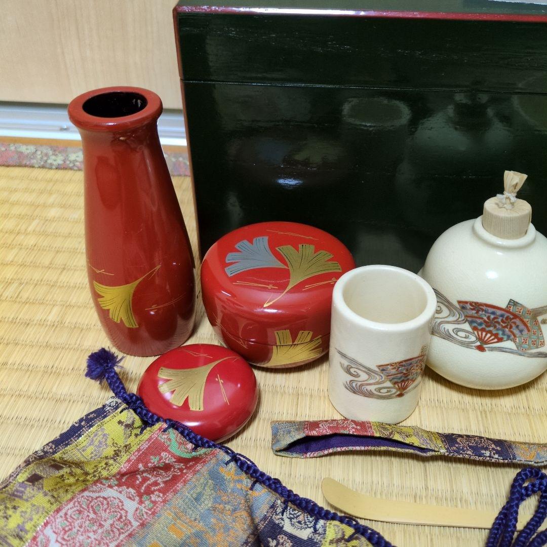野点　茶道具セット 木製箱 茶器 茶碗等　深緑　青面朱　セット