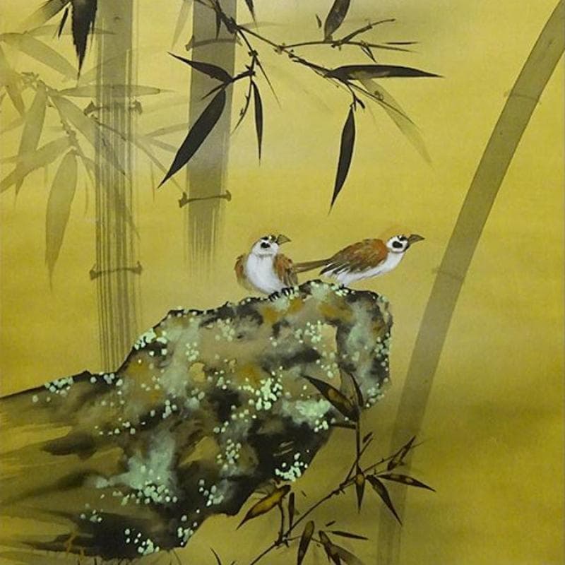 【真作】掛軸 三浦大幹『竹に雀図』絹本 肉筆 共箱付 掛け軸 w053019