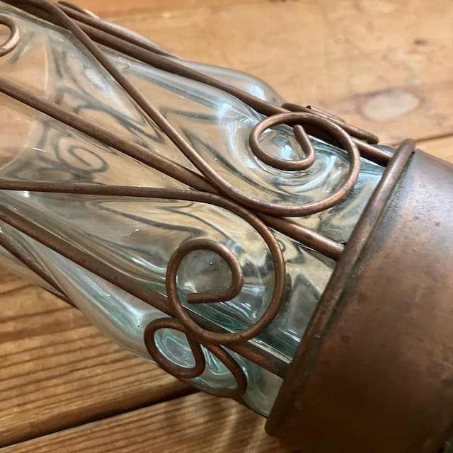 アンティーク ガラス フラワーベース アイアンフレーム 吹きガラス 気泡 花瓶