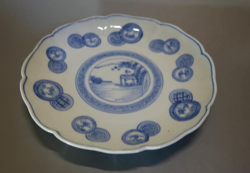 古伊万里 染付　丸文散中皿　3枚　楼閣山水図　渦福　輪花　 江戸後期 2253