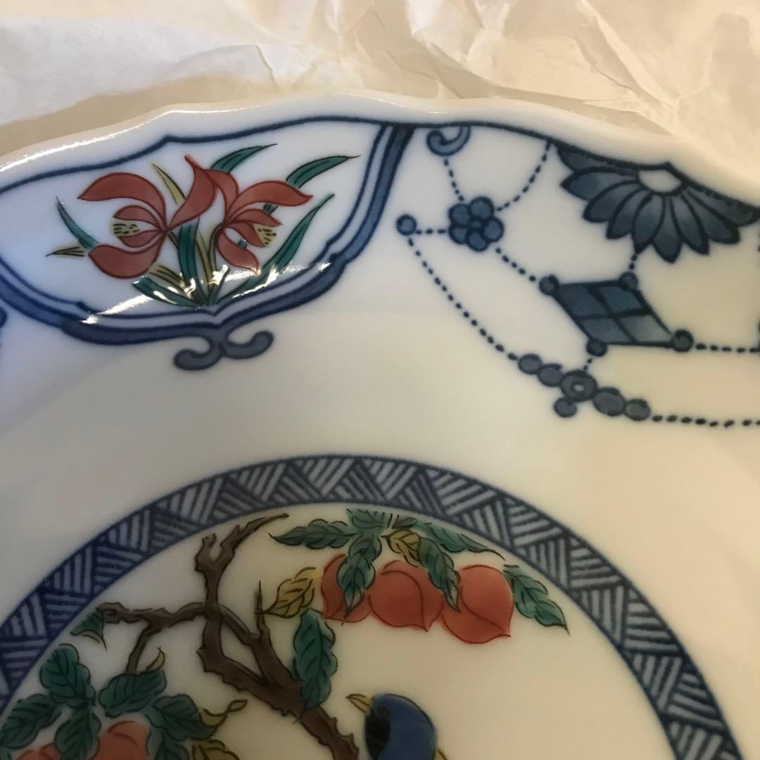 【新品未使用箱入り】九谷焼き　青郊窯　瓔珞(ようらく)紋花鳥六寸皿揃　5個セット