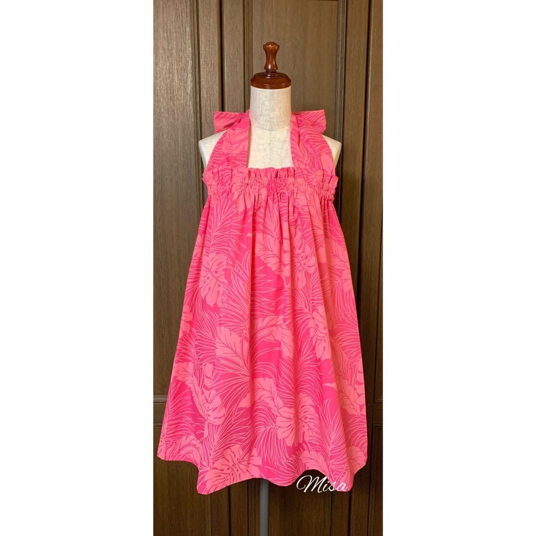 ハワイ生地ピンクリーフ柄リボンドレス　期間限定SALE