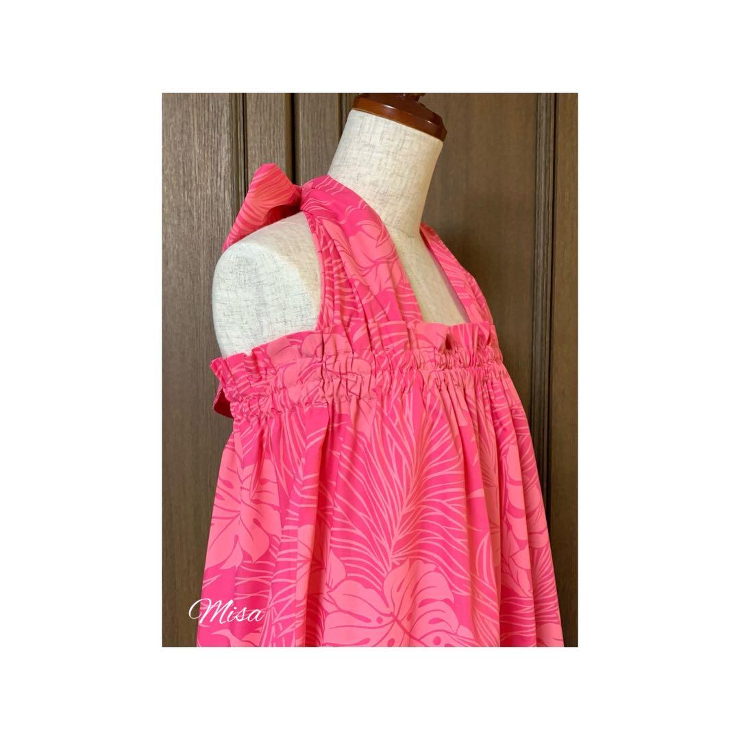 ハワイ生地ピンクリーフ柄リボンドレス　期間限定SALE