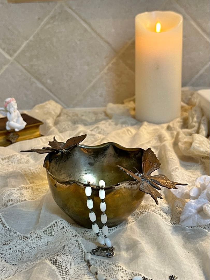 ◆フランスアンティーク｜希少な蝶の小物入れブロンズ深めボウル型彫刻シルバートレイ