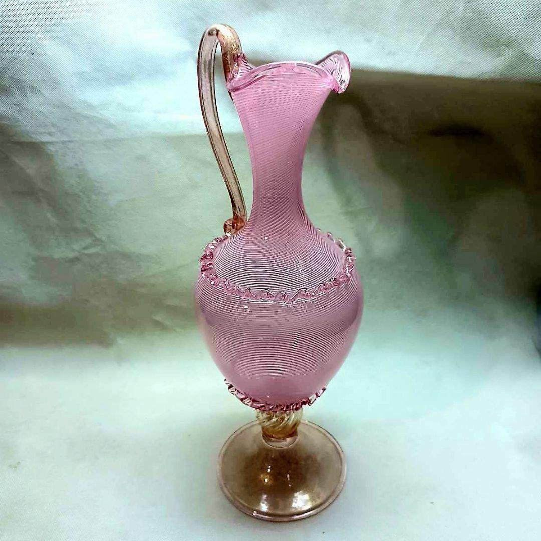 Murano 大型 ムラノ 金彩 ピンク ライン 水差し オブジェ